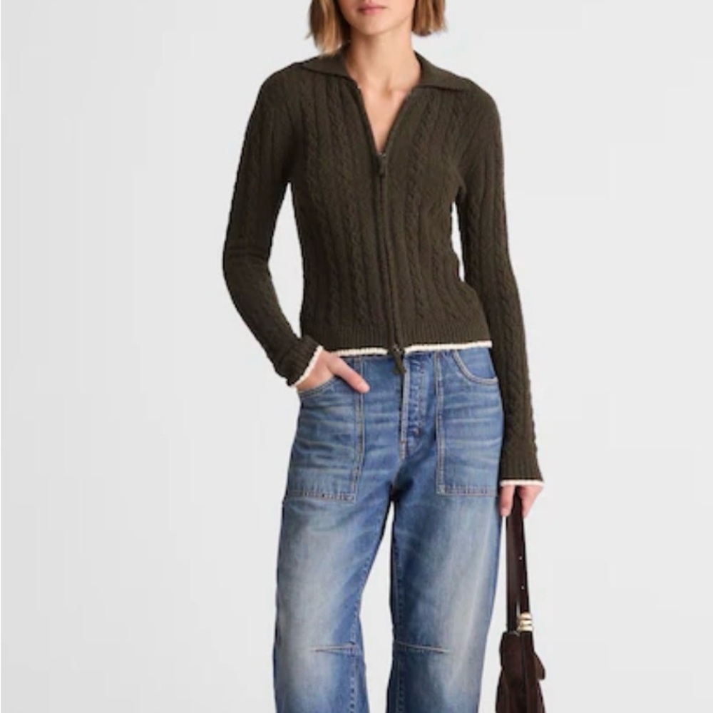 Women's Olive Cable Knit zip cardigan Sweater